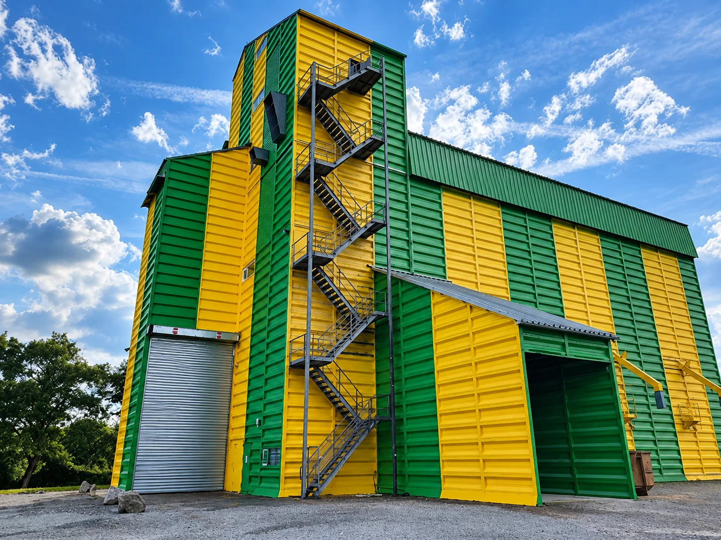 Le même silo après mise en peinture, bandes verticales vert et jaune, cadrage identique.