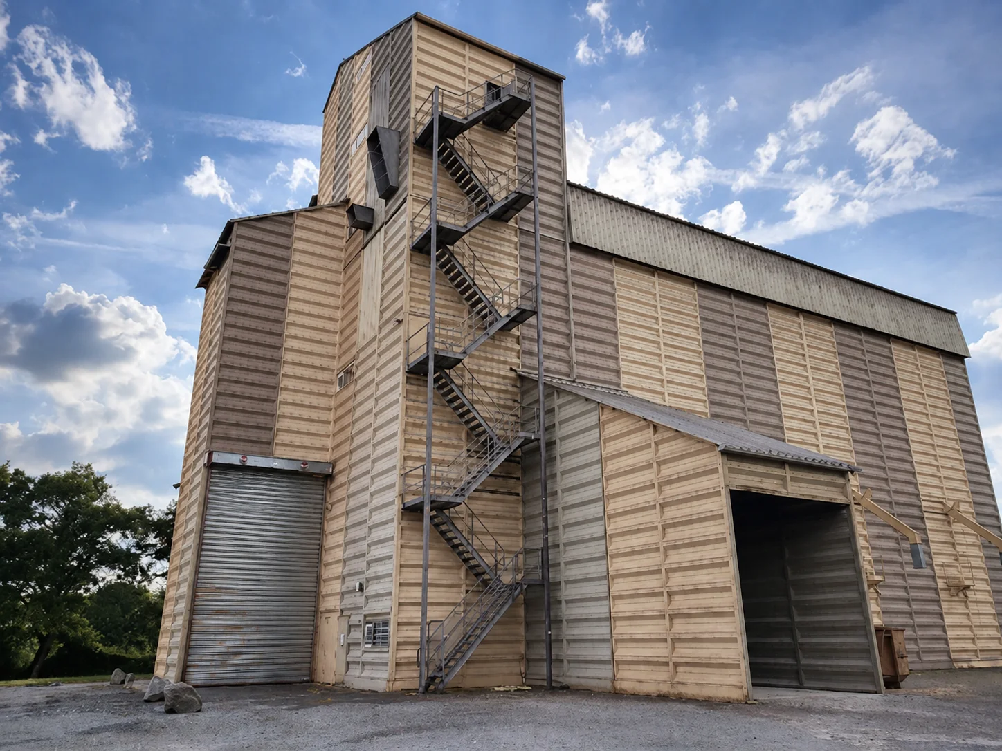 Silo agricole avant intervention, bardage nervuré délavé et oxydé, vu de trois quarts.